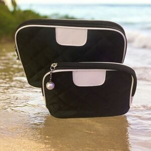 Makeup bag travel bag set (2) black white with zipper pearl on zipper go…